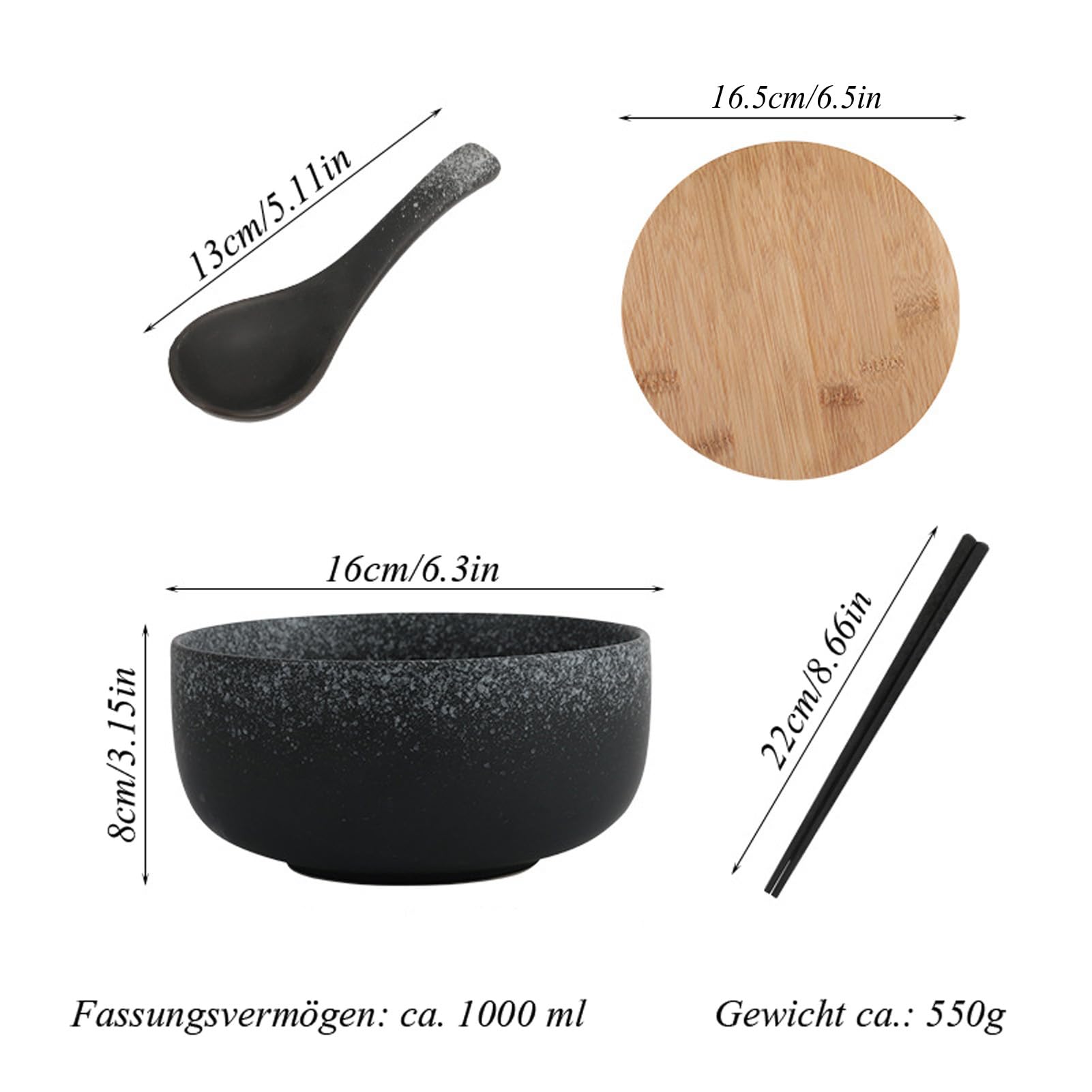 Ramen Schüssel Keramik Set mit Löffel Essstäbchen,Japanisches Suppenschüssel,Salatschüsseln Für Suppe, Pho und Sushi Bowl 1000ML Keramik Suppenschüssel Ramen Bowl Set,C4