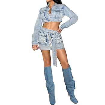 cffvdiz Sexy 2 Piece Denim Outfits for Women Long Sleeve