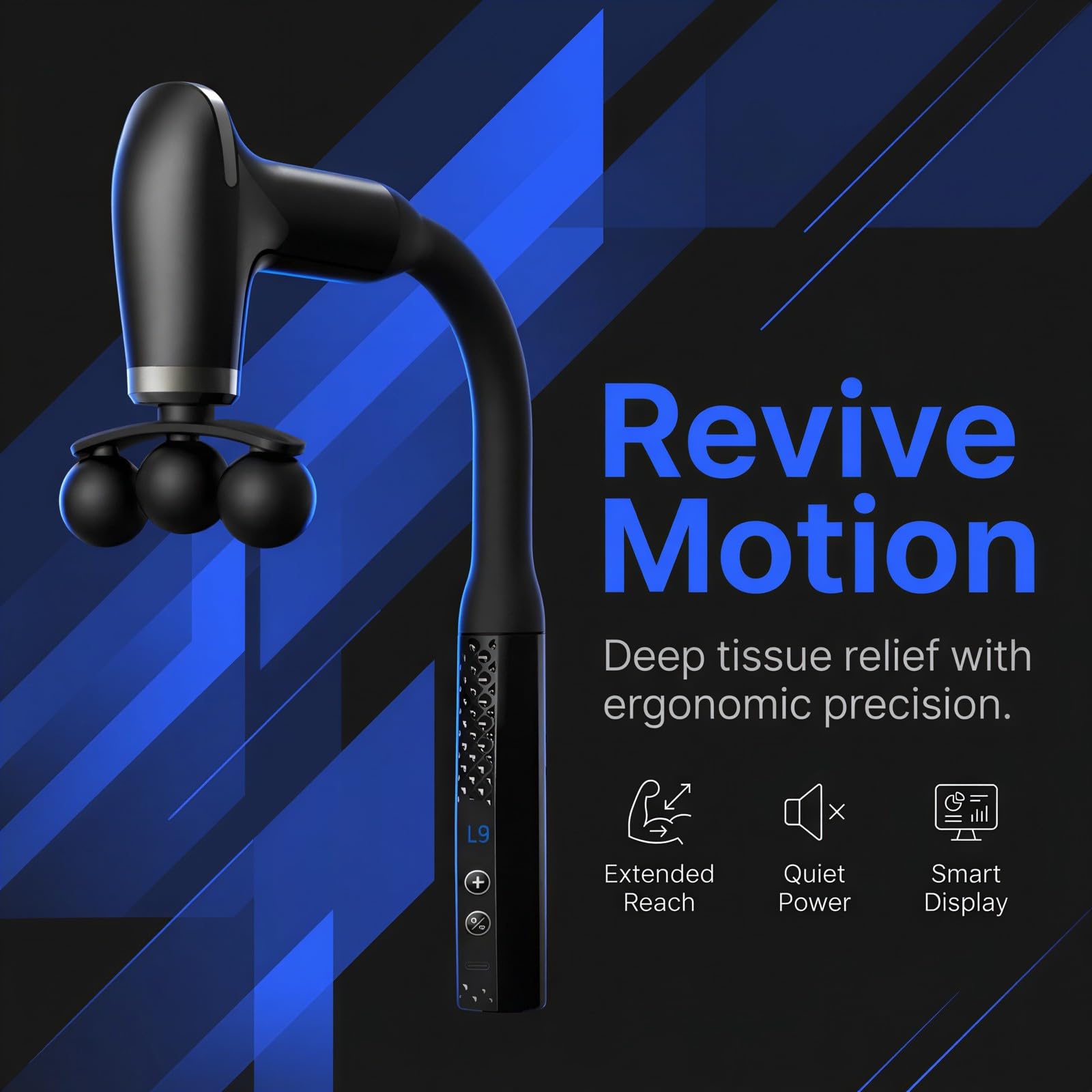 Massagegerät mit Verlängerungsgriff, ergonomisch gebogenes Handmassagegerät für den Rücken mit 8 Köpfen und L9-Display, Perkussionsmassage für Nacken, Beine und Schultern, Type-C aufladbar, leiser