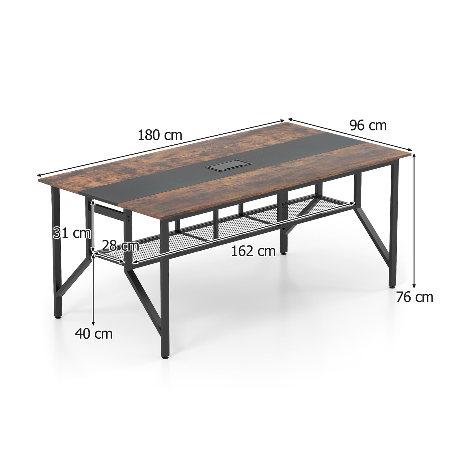 GYMAX Großer Konferenztisch 180 x 96 cm, Besprechungstisch für 6-8 Personen mit Kabeldurchlässen & Ablageregal, Meetingtisch für Geschäftstreffen, Konferenzraum & Büro