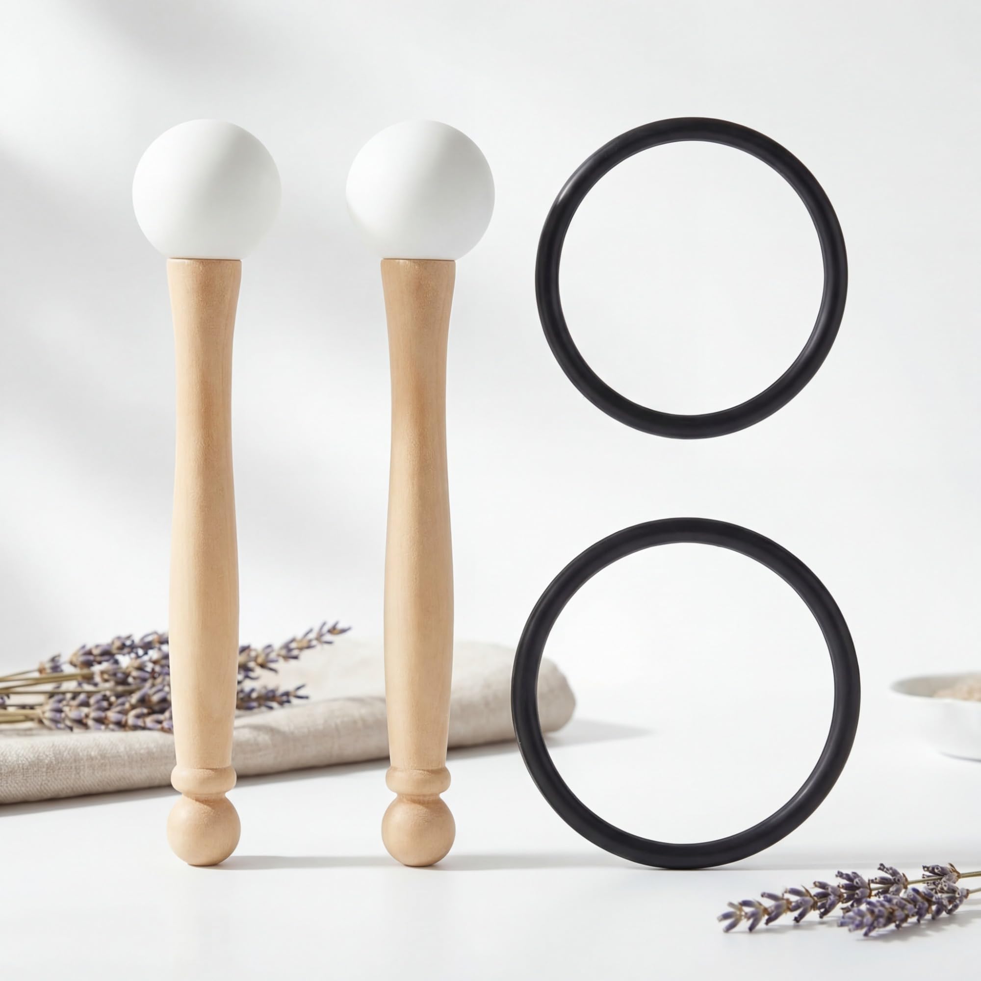 Nuanchu 4 Pcs Crystal Singing Bowl Mallet Bowl Striker and O Ring Set, Include 2 Rubber Head Wood Handle Mallet with 2 Rubber O Rings for Playing Crystal Singing Tool Buddhist Meditation Yoga