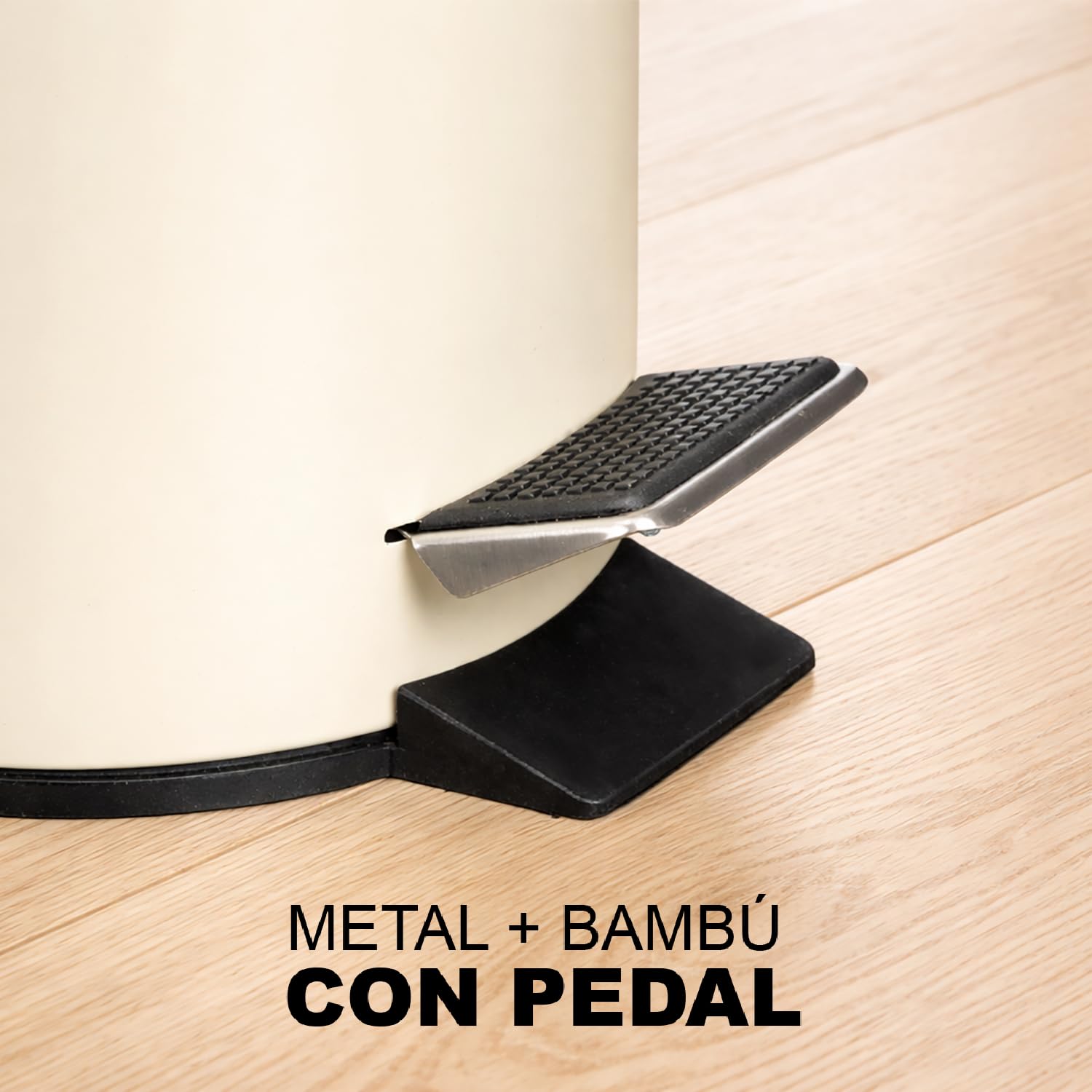 TIENDA EURASIA – Papelera Baño | Metal + Tapa de Bambú | Capacidad 3L | Medidas 17x21x23.5 cm y Cubo Interior 16.8x16.8x18.2 | con Pedal (Beige) - 2