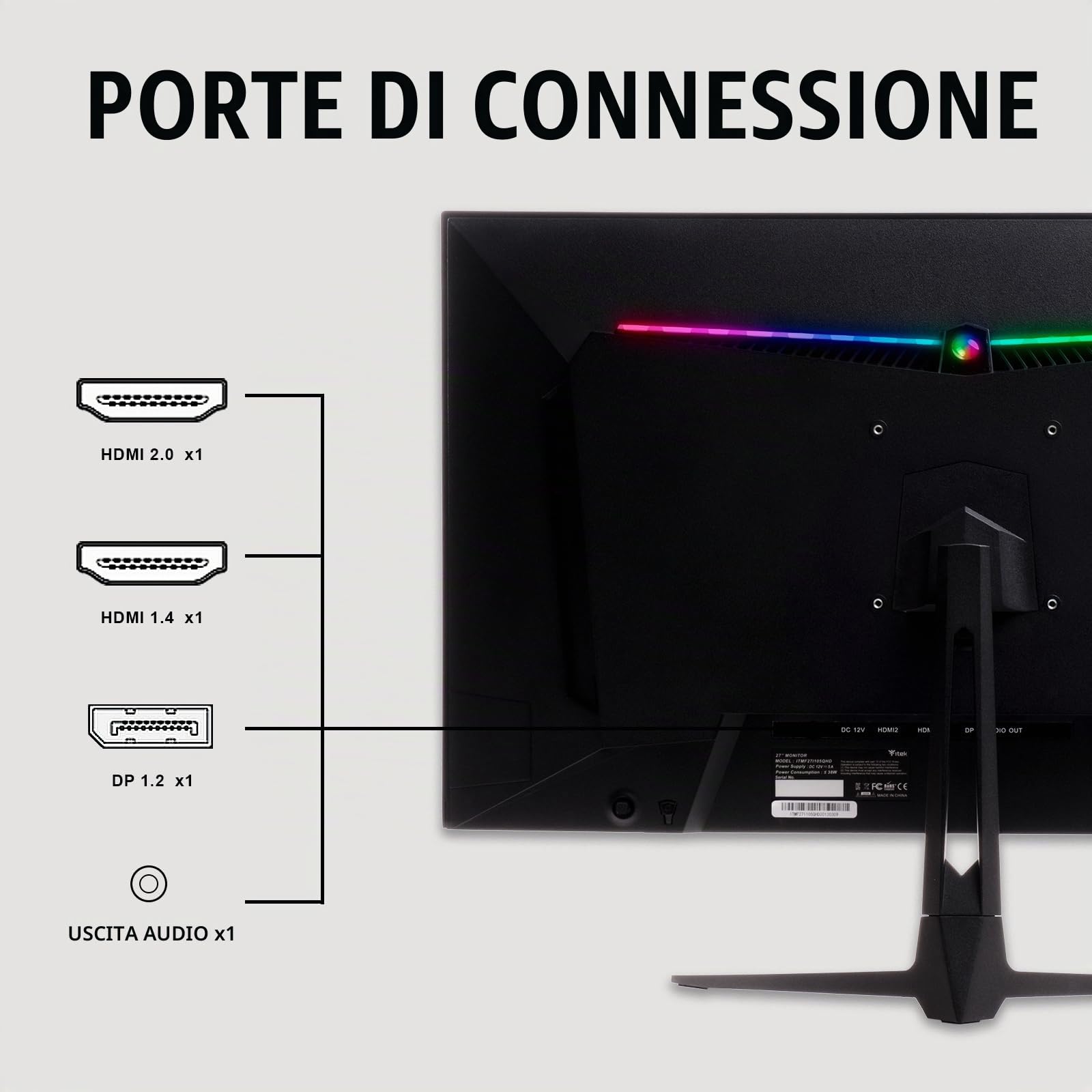 Itek Monitor GGF - 27 Pollici, Piatto, Risoluzione WQHD 2560x1440, Pannello IPS da 100Hz, Schermo 16:9, Tempo di risposta 4ms OD, Collegamenti 2xHDMI e DP, Altoparlanti, HDR, G- Sync, FreeSync