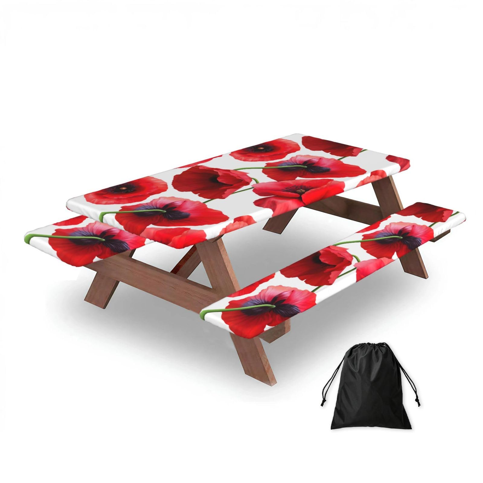 Dopklna As Picture Poppy Seamless Pattern, Picnic Table Cover With Bench Covers -Waterproof Elastic Fitted Tablecloth For Garden Camping Patio 76X152cm