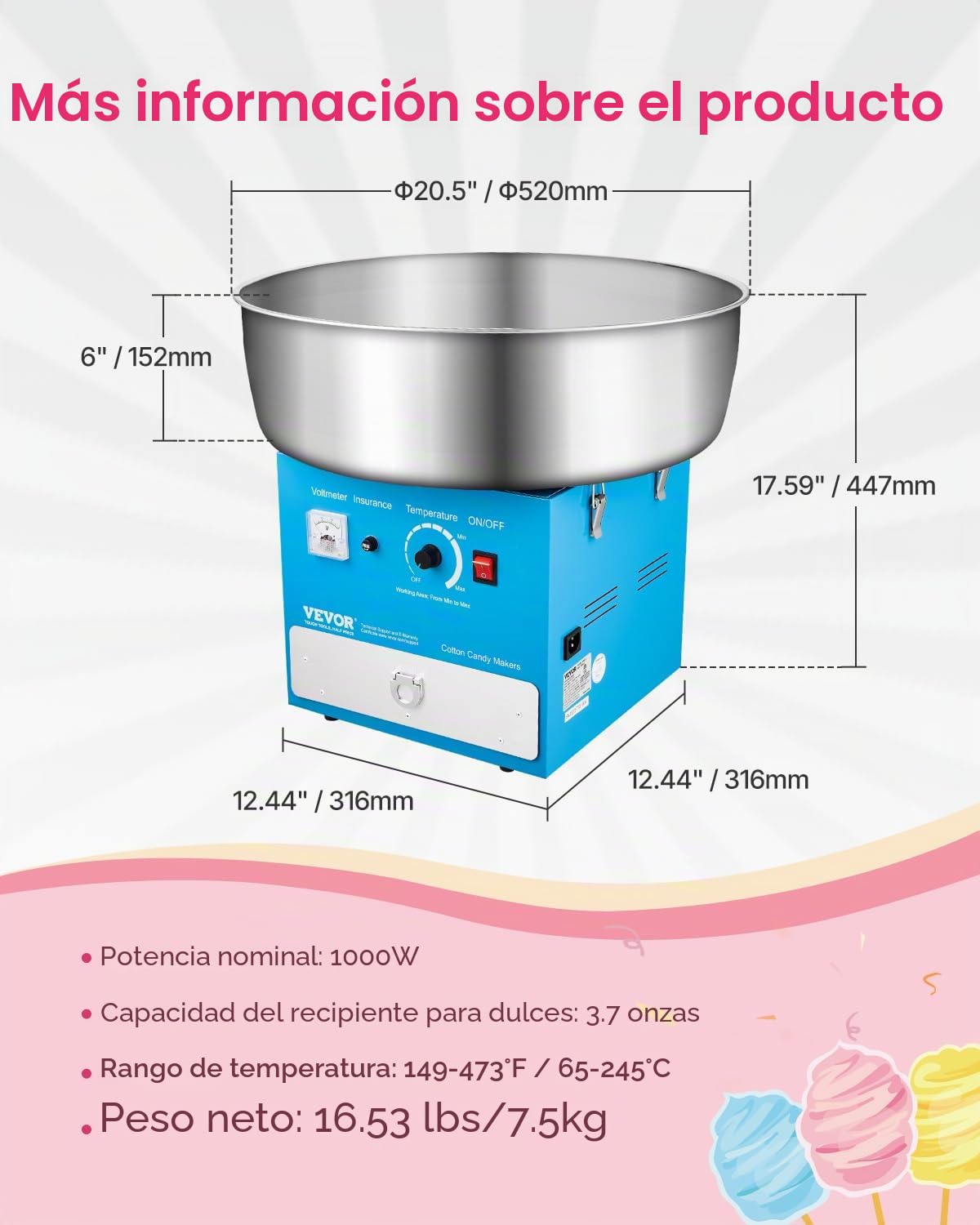 VEVOR Máquina Eléctrica para Hacer Algodón de Azúcar, 1000 W, con Recipiente Acero Inoxidable de 52 cm, Cuchara para Azúcar y Cajón, para Cumpleaños y Fiestas Familiares, Azul, 520 x 520 x 447 mm