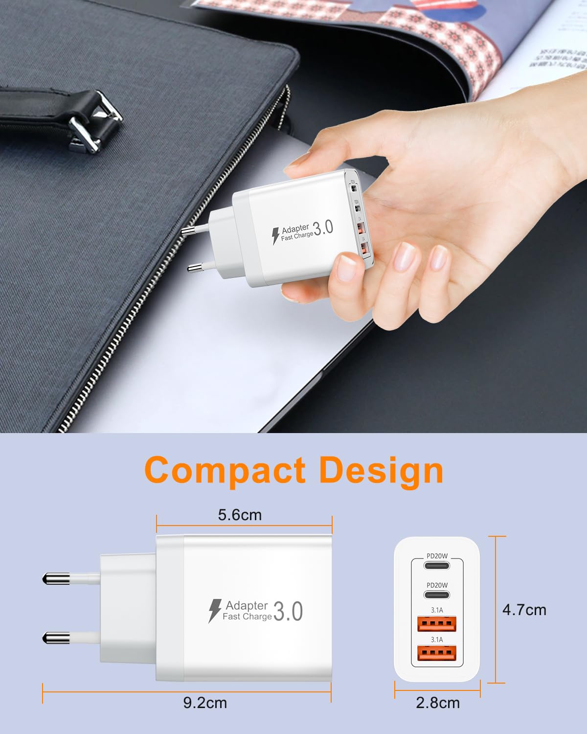 Ładowarka USB C, 40W Gniazdo, Szybkie Ładowanie PD3.0, 4 Porty Type C, Przekształtnik USBC Wielofunkcyjny, Zasilacz USB C do Samsung S23 S24 S25, iPhone 16 15 14 13, Huawei, Charger (1)