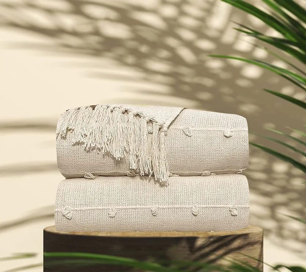 TARANTARAN Cotton Throw Blanket, 127x152 cm, Cream White with Tassels, Knitted Texture, Machine Washable | Natural |-image-16