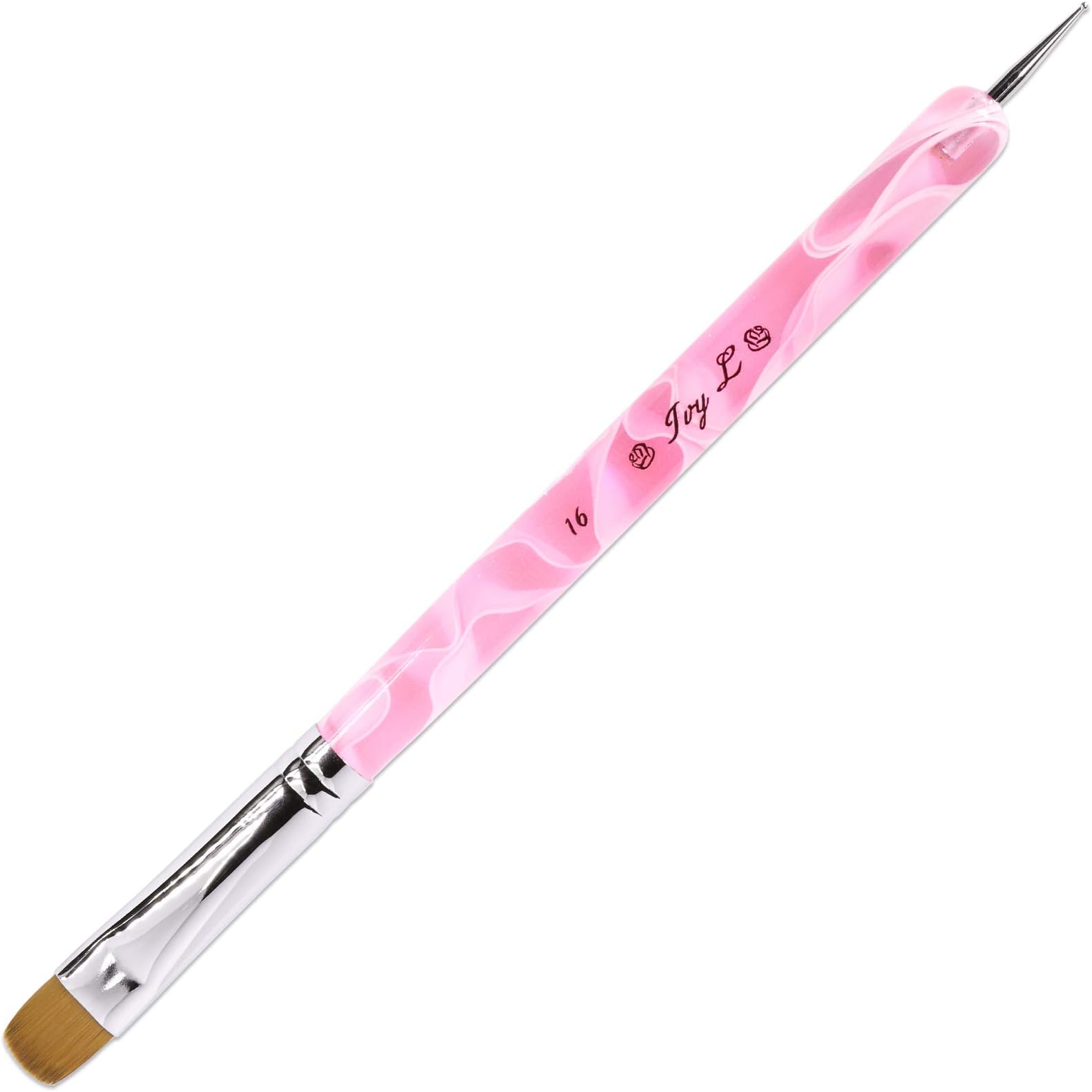 Ivy-L Premium 2 Ways French Gel Acrylic Nail Art Kolinsky Brush with Dotting Tool for Professional Manicure Nail Art Design Cuticle Clean-up + Pink Marble Acrylic Handle (Size # 16, Pink Marble)