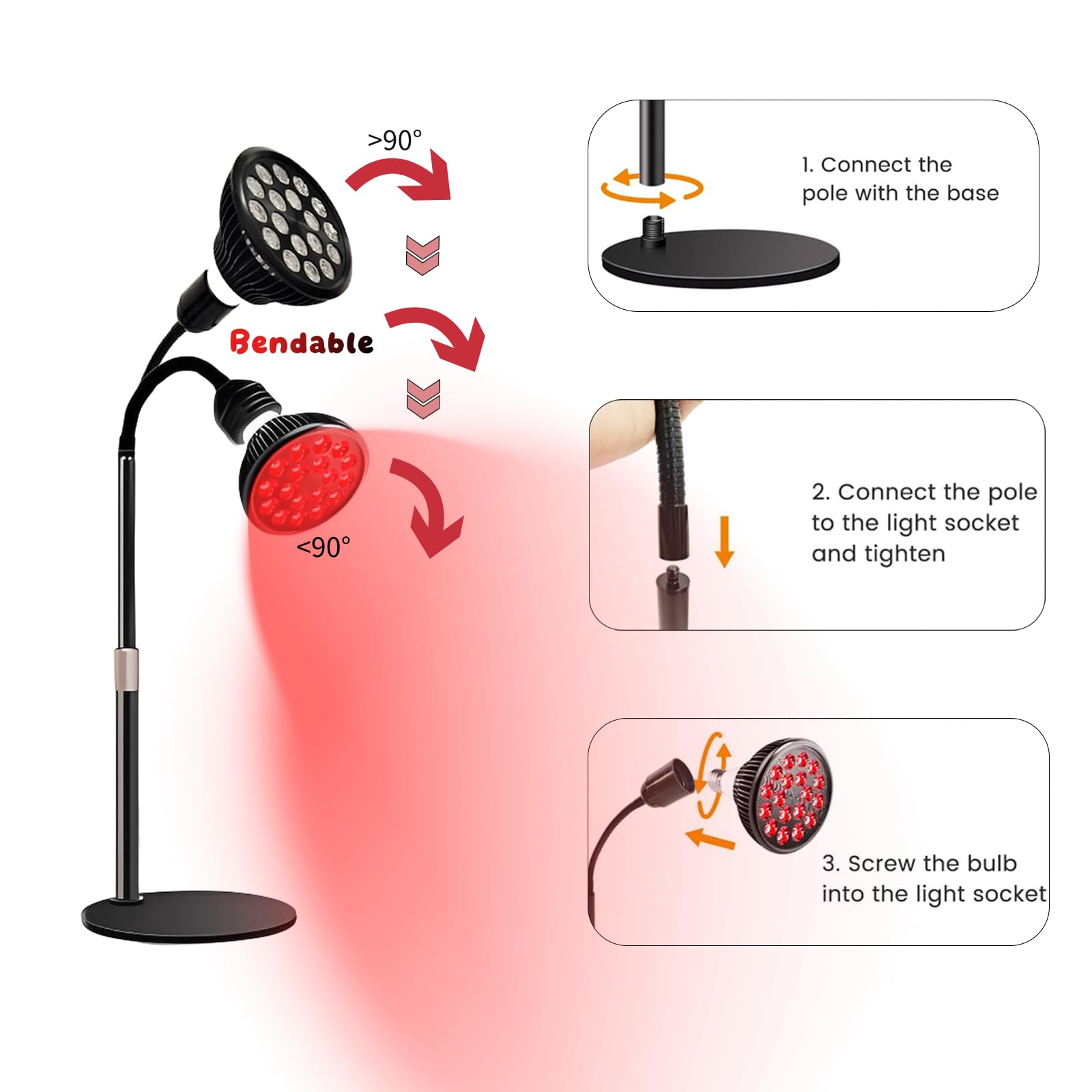 lampka do terapii światłem czerwonym 660 nm/850 nm, 18 diod LED 54 W, timer, 5 poziomów jasności, podstawa i okulary do regeneracji mięśni twarzy, pleców