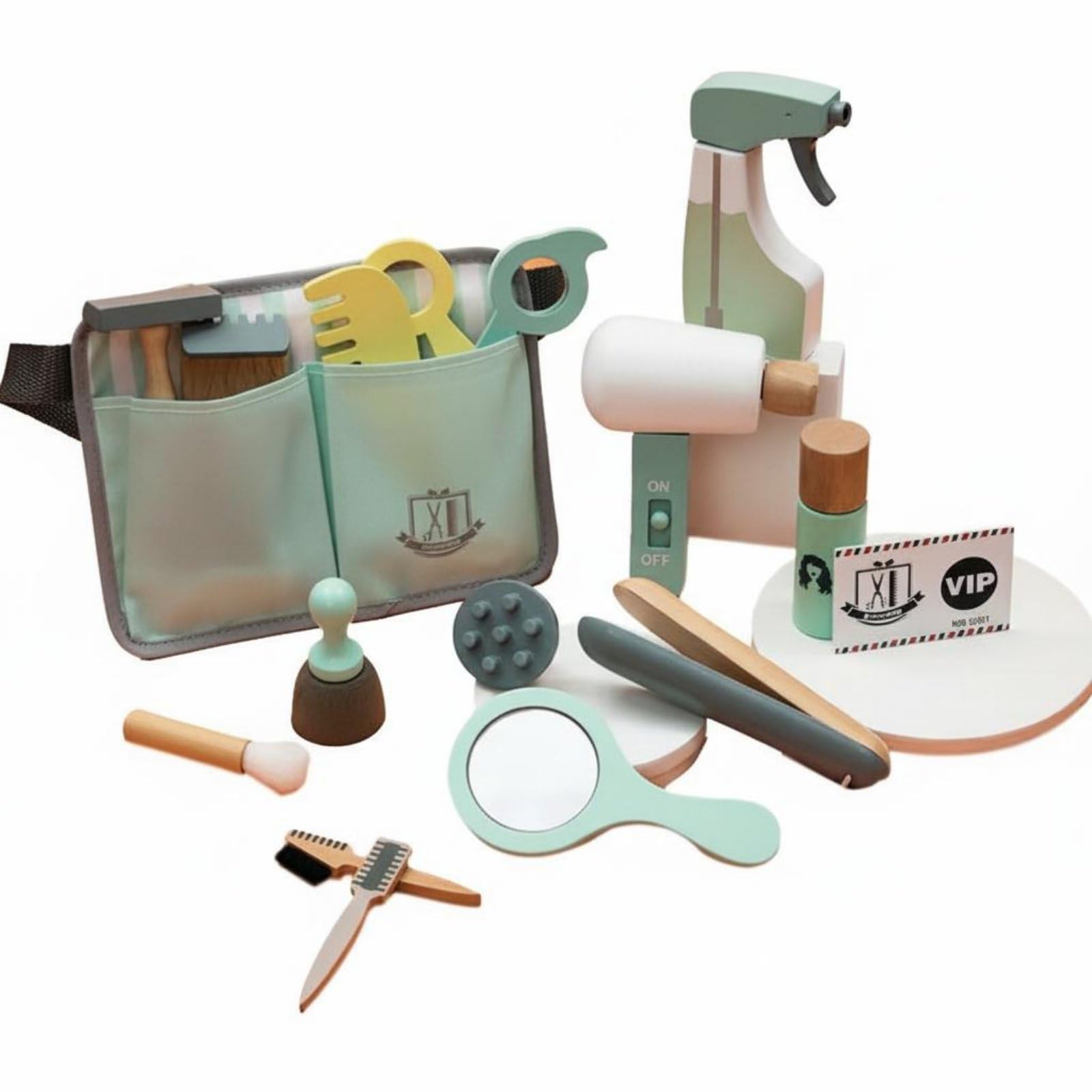 Set Parrucchiere Bambini Gioco Kit Capelli Forbici Finte Pettine Spruzzino Interruttore Mobile Legno Naturale con Borsa Organizer E Cintura Adatto a Gioco di Ruolo Compleanno Scuola Casa