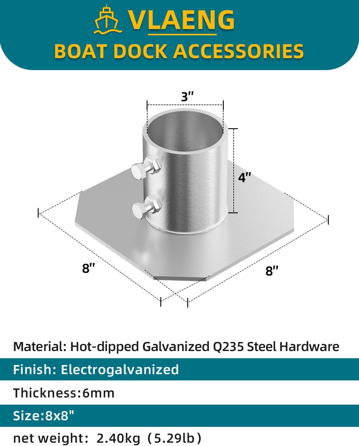Condition photo showing New/Like New for stationary dock bottom pad 2 pcs, 8" x 8" stationary dock base plate hardware, floating dock brackets hardware for foot post pipe pole leg,support and hold docks & prevent sinking into mud