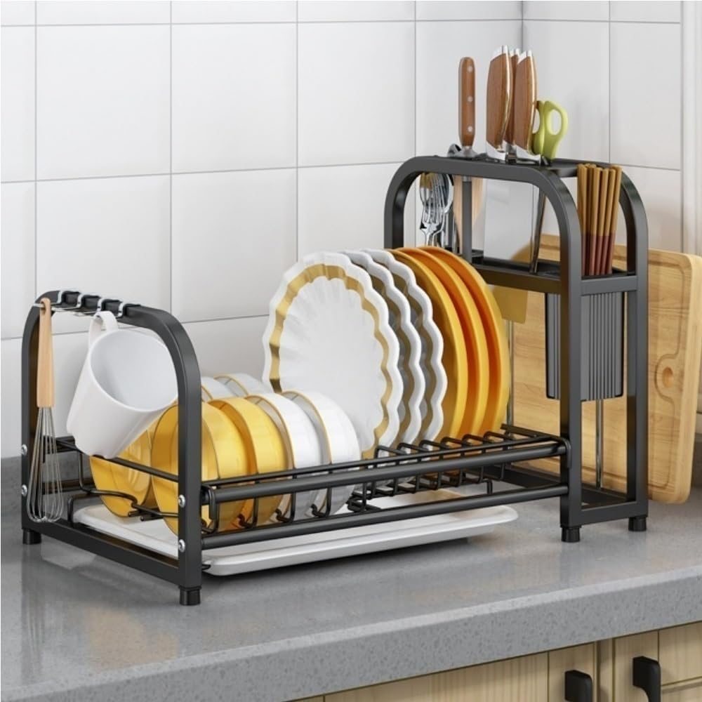 Goxyffmnv Drain Rack Above Sink, Dish Drain Rack, Metal Dish Rack, Drying Rack with Removable Drain Board, Cutlery Storage Rack for Restaurant, Kitchen Sink(Black)