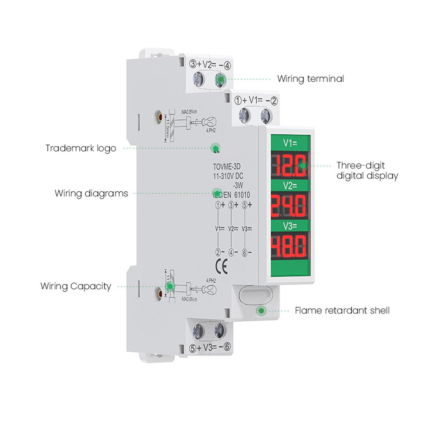 Voltmetro su guida DIN, display digitale LCD, isolato, a tripla via, modulare, da CC 11 a 310 V, facile da inserire