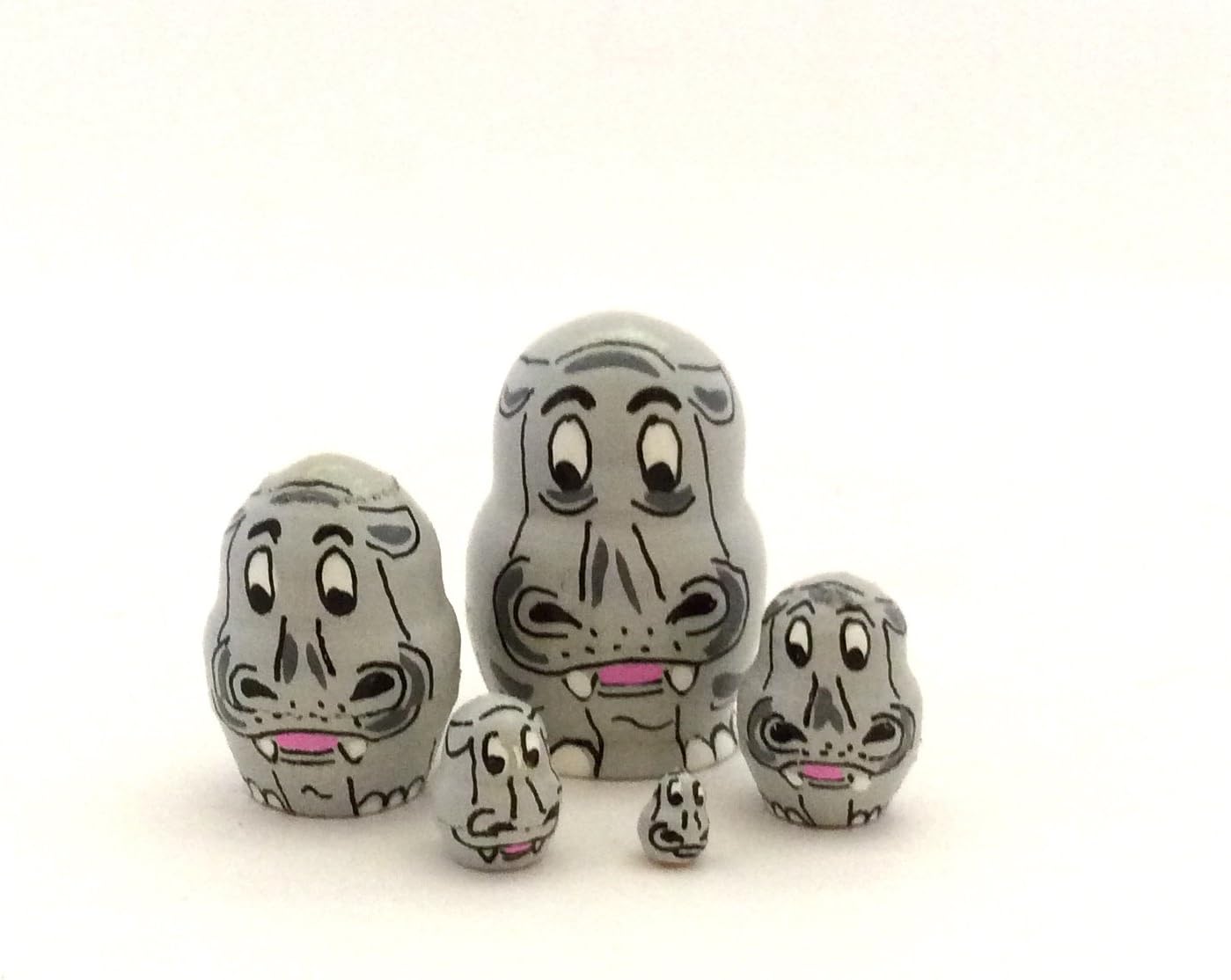 1.25" Tall Happy Hippo Mini Nesting Dolls Russian Hand Carved Hand Painted 5 Piece Matryoshka Set