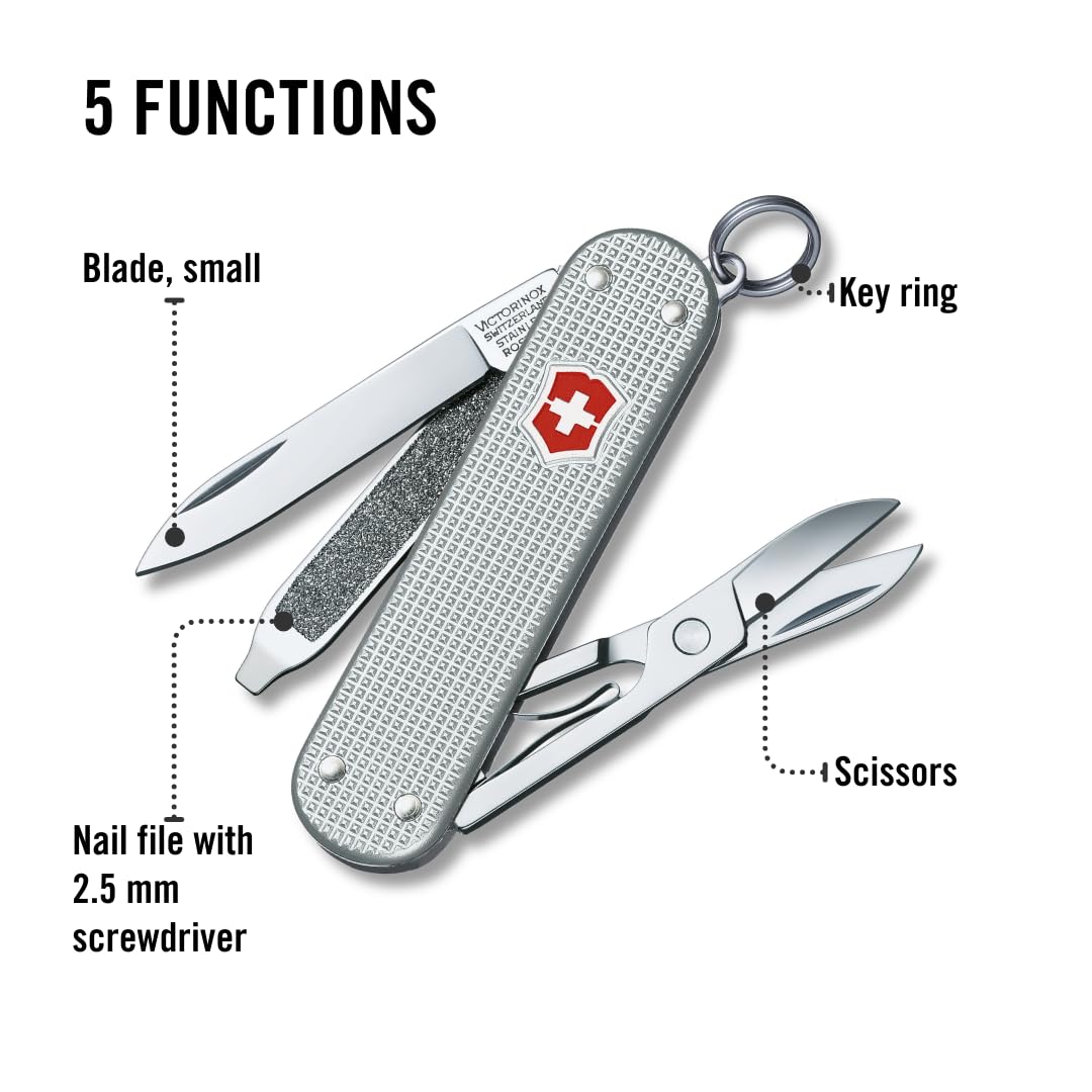 Victorinox Schweizer Taschenmesser, Klein, Classic SD Alox, Multitool, Swiss Army Knife, 5 Funktionen, Klinge, Nagelfeile