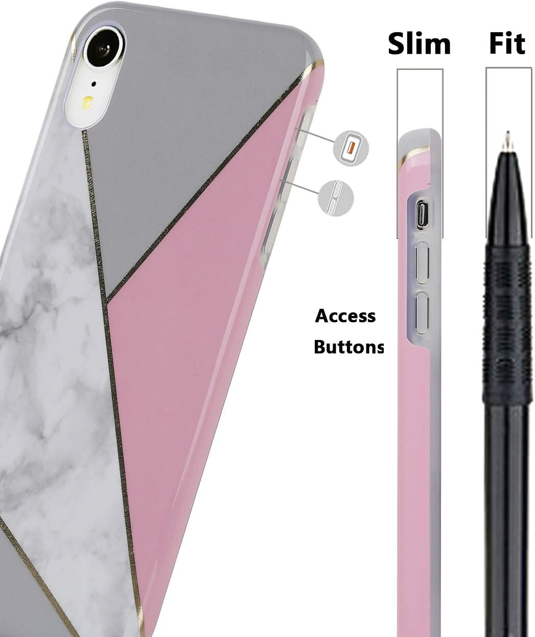 TRENSOM Marble Stripes iPhone XR White Case Pink Gray Geometry with Stripes Pattern, Dual Layers Soft TPU Hard PC Shockproof XR Phone Cases for Women Girls Men Boys, iPhone XR [6.1"]
