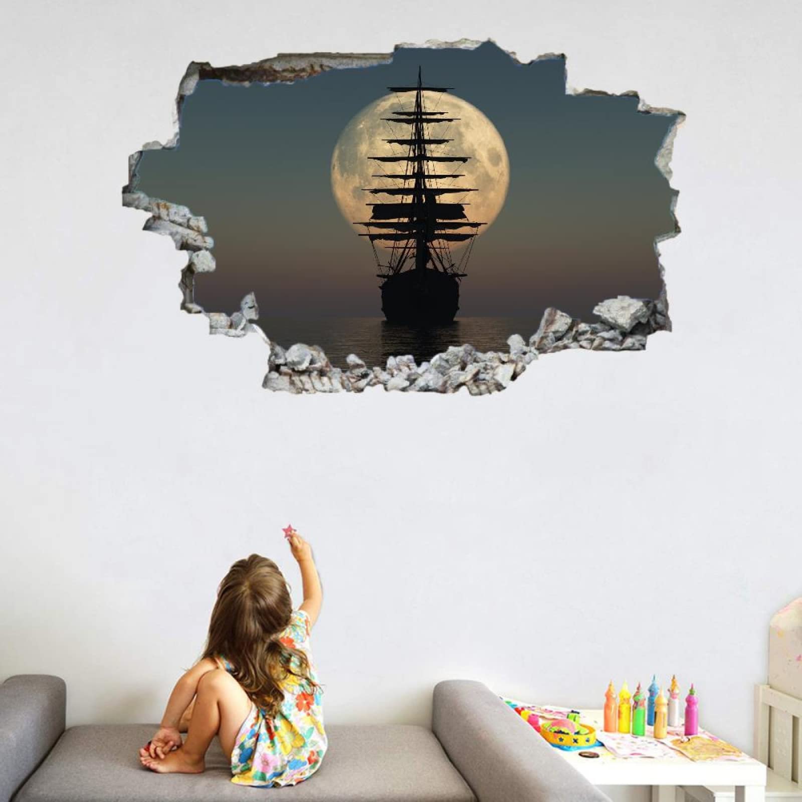 Decorazione Da Parete 3D, Barca Stanza Delle Autoadesivo Della Parete Smontabile Luna Decalcomanie Per Camera Da Letto Per Bambini Nursery Decorazioni Per Matrimoni Regalo 75x113cm