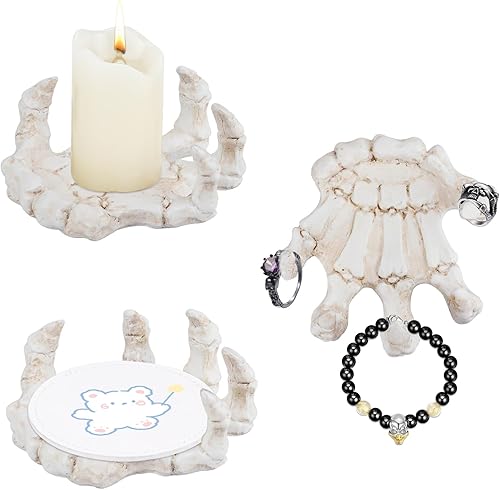 Portavelas de mano de calavera, soporte de vela de resina, soporte de posavasos de mano de esqueleto gótico, ganchos creativos para montar en la