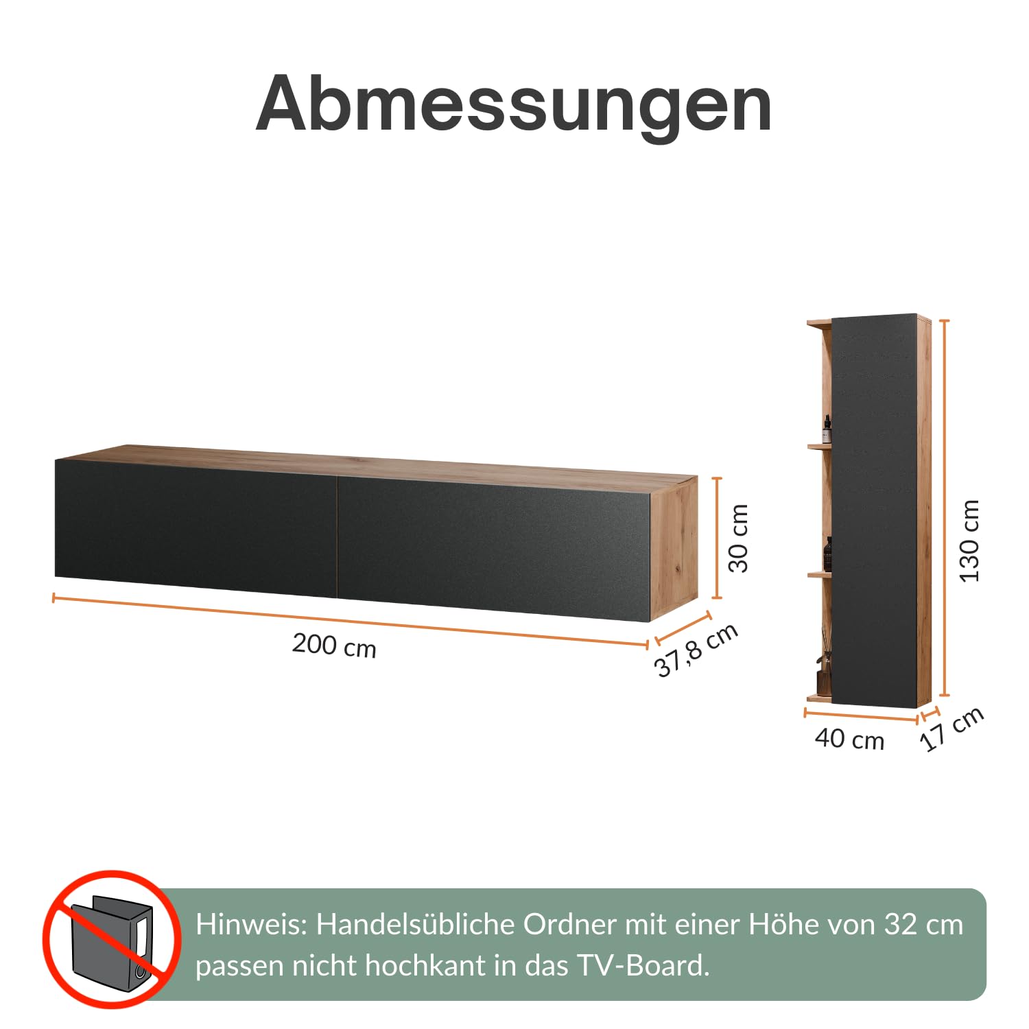 Planetmöbel TV Wohnwand Wohnzimmer 2X 100 cm Gold Eiche/Anthrazit, mit 2X 40cm Seitenschränken Gold Eiche/Anthrazit