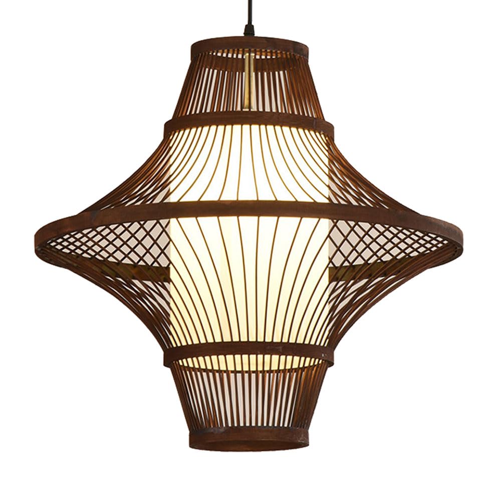 LQZCXMF Faux Parchment Bamboo Pendant Lights Large Boho Rattan Shade 19.7" Hand-Woven Natrual Wicker Hand-Woven Lantern 2-Layer for Kitchen Island Dinning Room Living Room 1-Pack