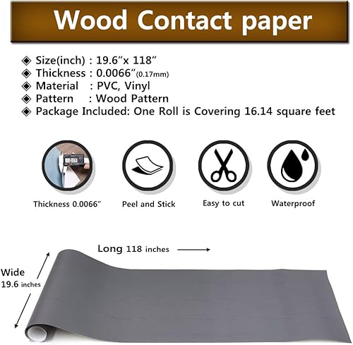 Miniatura 7 de Papel de contacto autoadhesivo de madera gris oscuro, 19.6 x 118 pulgadas, película autoadhesiva decorativa para muebles, papel tapiz autoadhesivo