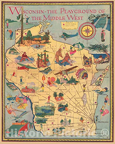Mapa histórico - Wisconsin - el parque infantil del medio oeste. Elmer Krohn, 29. 1929 - Arte de pared vintage - 61 x 76 cm