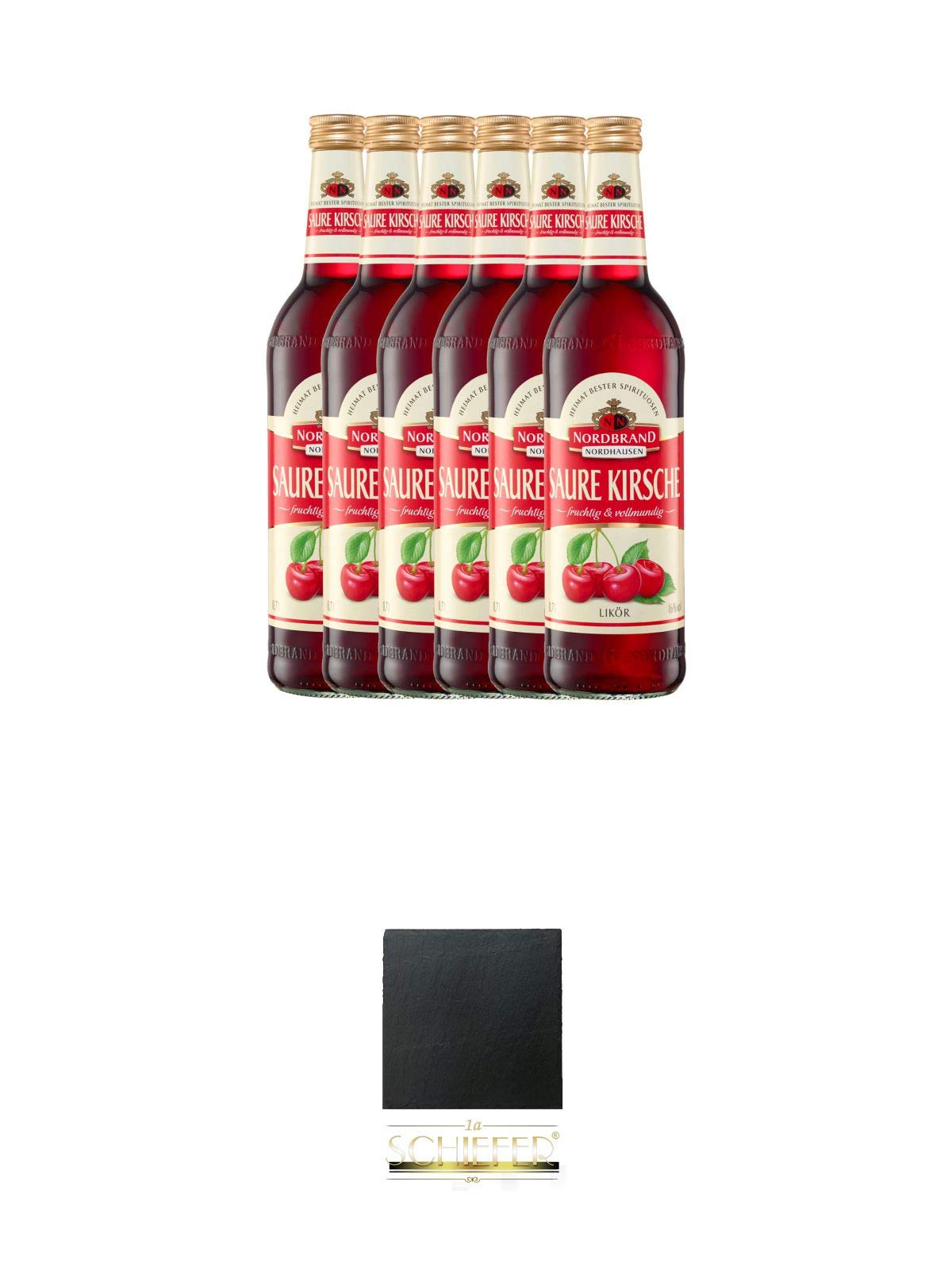 NORDBRAND Saure Kirsche 16% 6 x 0,7 Liter + Schiefer Glasuntersetzer eckig ca. 9,5 cm Durchmesser
