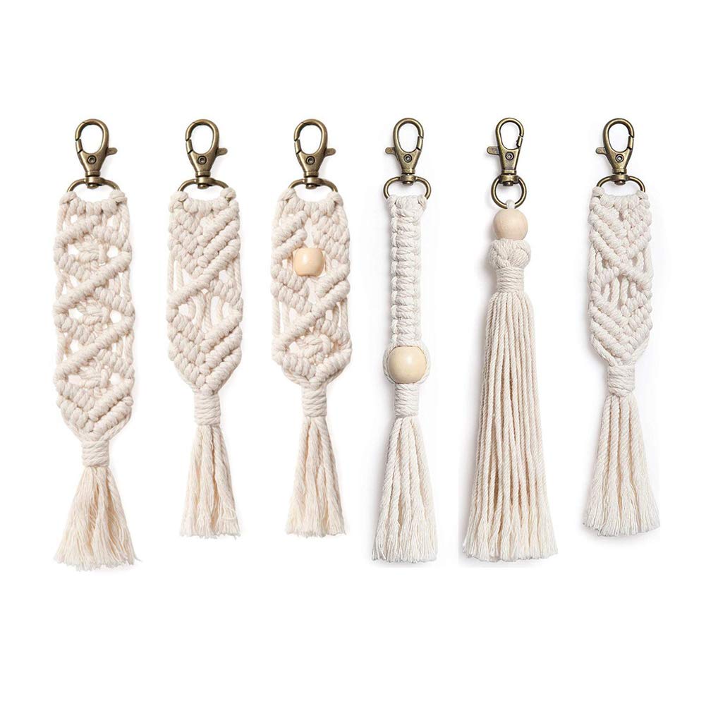 GUAN6 Pack Mini Macrame Keychains Boho Macrame Bag Charms with Tassels Handcrafted Accessory for Car Key Holder,Purse,Phone Wallet, Unique Wedding Gift (Beige)