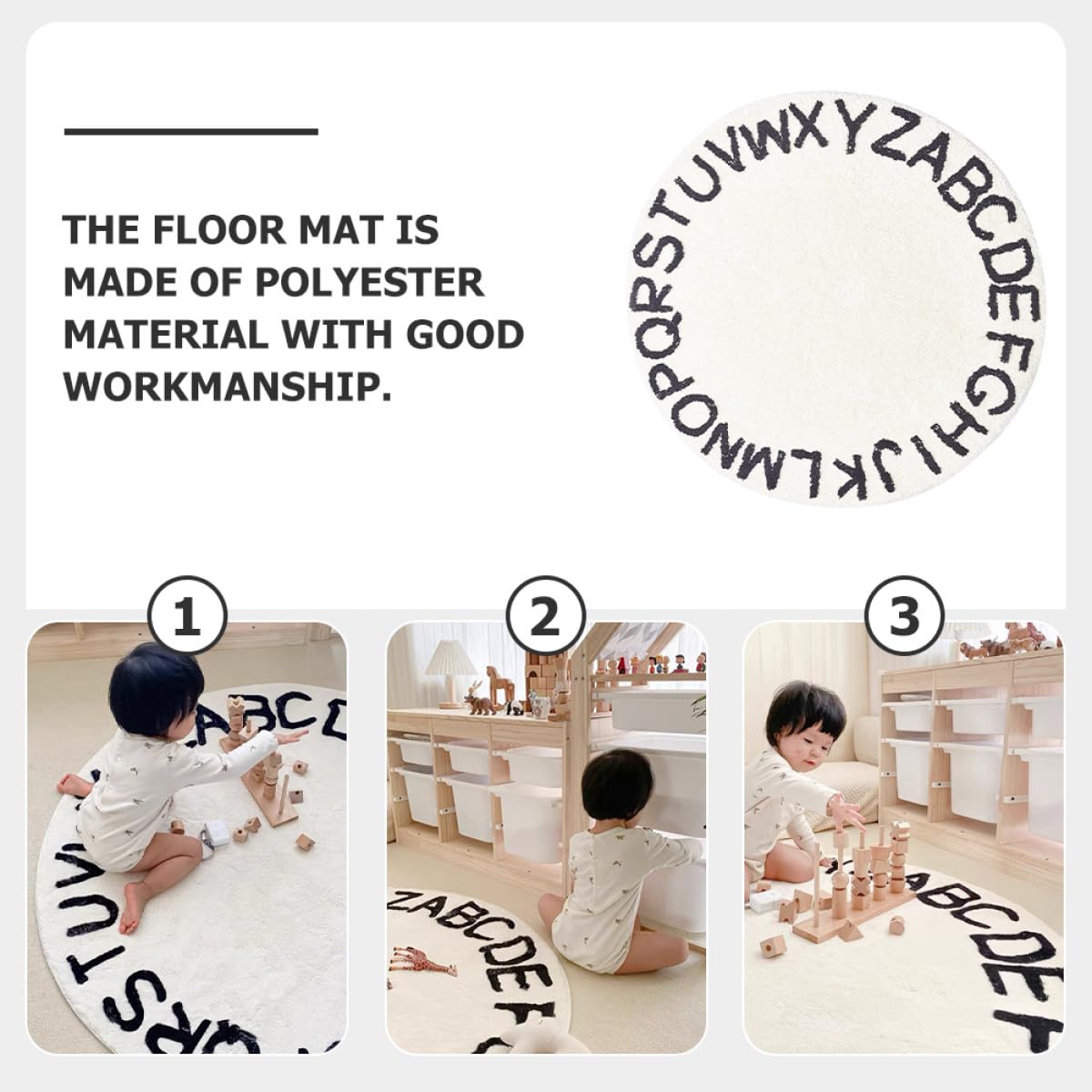 UKCOCO Runder Kinderteppich 80x80cm aus Baumwolle rutschfeste Bodenmatte mit Weißen Buchstaben Weiche Fußmatte für Kinderzimmer und Wohnzimmer