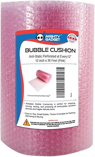 Mighty Gadget Rollos de envoltura de amortiguación de burbujas rosas, 12 pulgadas x 36 pies, perforados cada 12 pulgadas para embalaje, envío y