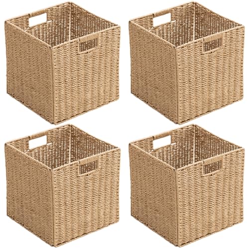 Handwoven Paper Woven Cube Basket Organizer with Handles set of 4 Foldable Storage baskets for Bedroom Living Room Cubby Storage Units for Clothes Books Toys (Natural, 13