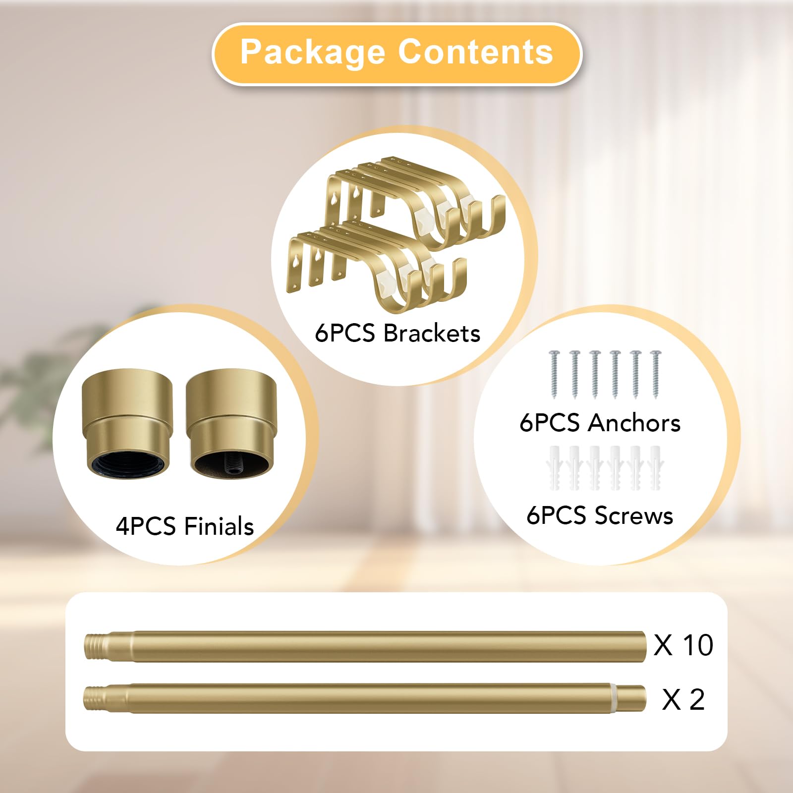 BellaHills 2 Pezzi Bastone per Tende Regolabili, 76-269 cm, Diametro 25 mm, Asta Estensibile con Staffe Regolabili, per Camera da Letto e Soggiorno, Oro
