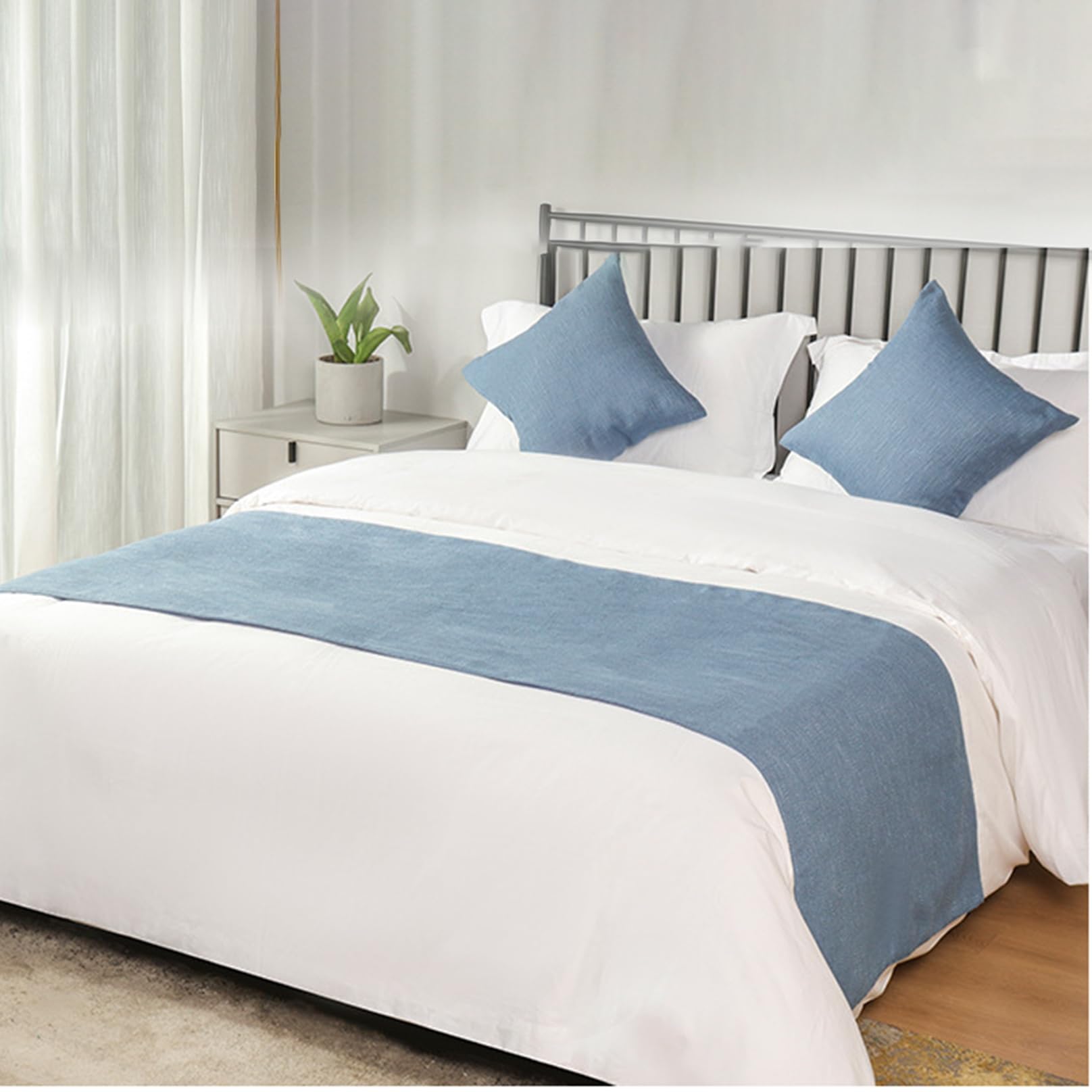 LEEMQCYA Simple Bed Runner Blue Linen Bed Scarves No Fading Coverlets Hotel Bedspread Bedding Protection Cover Bed End Towel and Matching Cushion Cover, 50x200cm for 1.2m bed — image 1