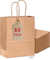 Vista 8 de Bakepacker Paquete de 60 bolsas de papel de regalo de tamaño pequeño con asas a granel de 8.3 x 6 x 3.16 pulgadas, bolsas de compras de papel kraft