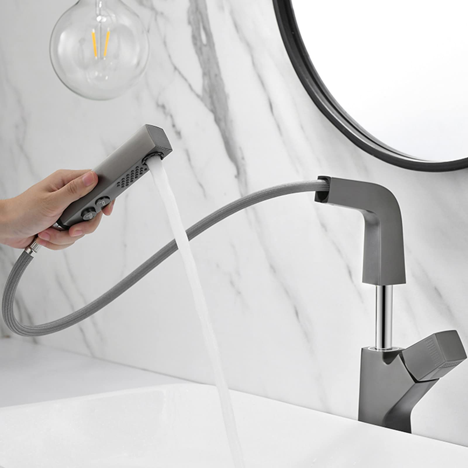 Grifo de Lavabo, Grifo Mezclador extraíble de latón para baño con caño Giratorio de 360 Grados y Doble función, para Agua fría y Caliente (Color: Negro)