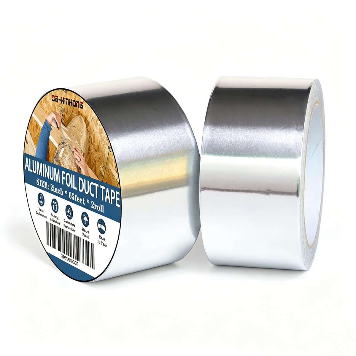 DGXINHONG 2roll Aluminum Foil Duct Tape(2 inch x 65 Feet, 3.9 mil), Insulation Adhesive Metal High Temperature Heavy Duty Waterproof HVAC Tape, Silver