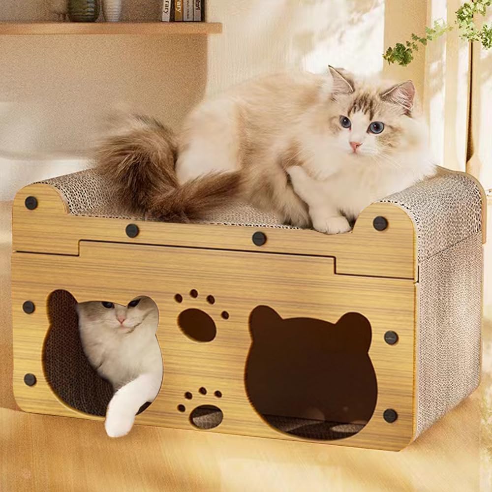 Cat Scratcher Hut Bed, House for Indoor Cats, Large Wooden Cat Bed Cave and Scratch Pad, Scratch Box Cardboard, Cat Condos, Cat Cubes, Cat Hideaway, Covered Cat Bed