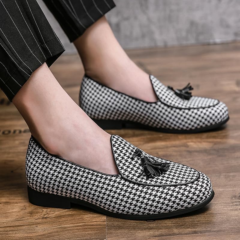 Santimon Mens Loafers Wedding Dress Shoes Slip-On Hounstooth Tassel Loafers for Men Tuxedo Suit Shoes4