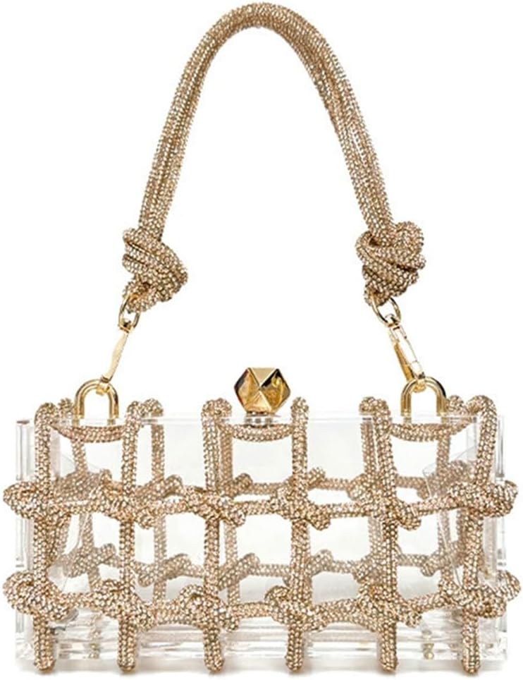 Clear Acrylic Clutch, Glitter Rhinestone Purse, Handbag with Bling Rope for Banquet Party (Blue) Champagne Gold - Image 1 of 6