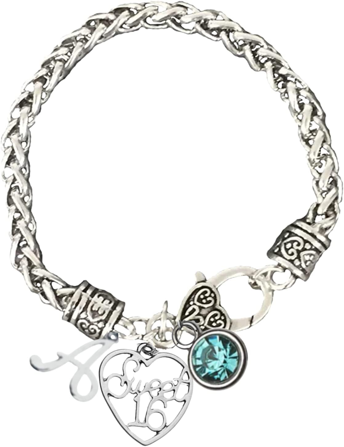 Sweet 16 Bracelet for Girls – Braided Chain Jewelry with Initial Letter Charm, Birthstone, and Heart Pendant – Birthday Gift for Teen Girls