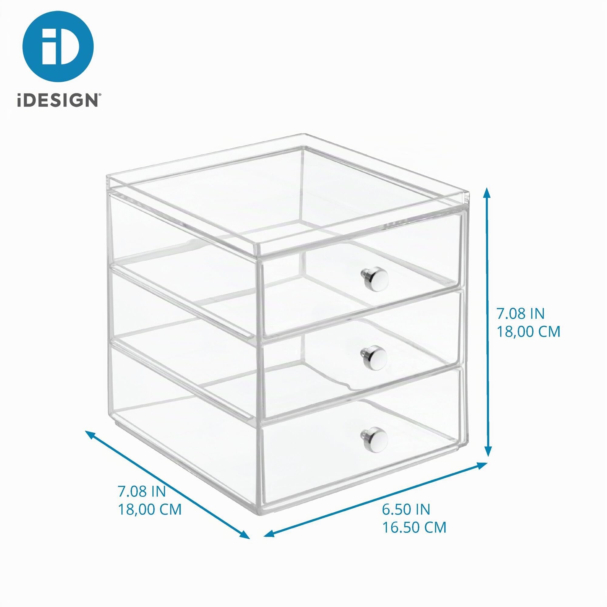 iDesign Porta trucchi con 3 cassetti, Mini cassettiera per make up, cosmetici e gioielli, Organizzatore trucchi impilabile in plastica, trasparente