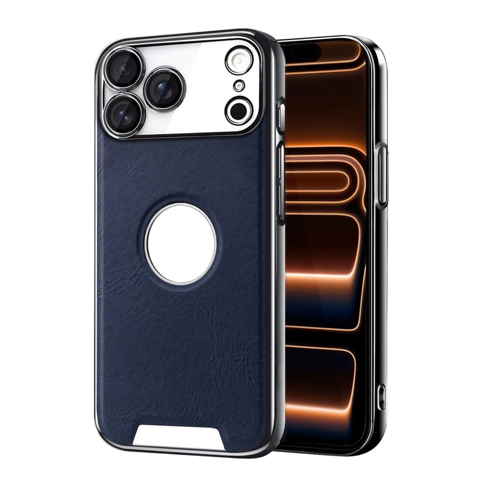 MFAOSHI Slim Case for iPhone 17 Pro Max/17 Pro/17 Air/17, Luxury Business Electroplated Leather Cover with Logo View Camera Protection Case,Blue,17