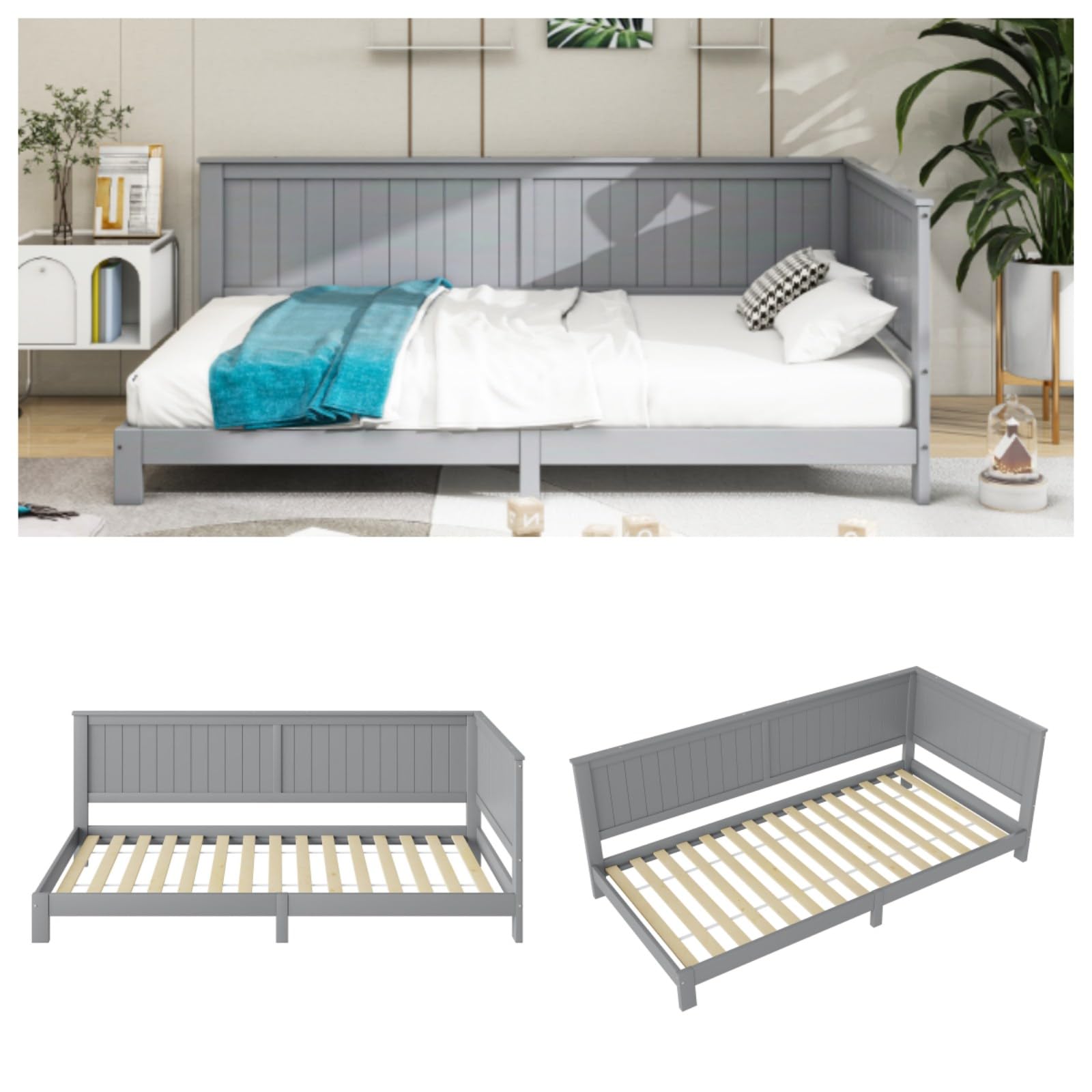 Testiera Divano Letto Con 2 Cassetti - Lino Grigio/Beige, 90x200 Cm, Struttura In Legno E Rete, Per Camera Ospiti O Bambini - Foto 14