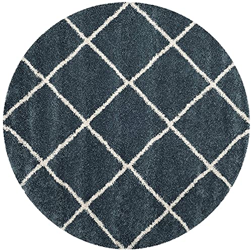 Image of Modern Anti Slip Shaggy Fluffy Fur Rug and Carpet for Living Room, Bedroom (6x6 Feet Round, Blue & Ivory)