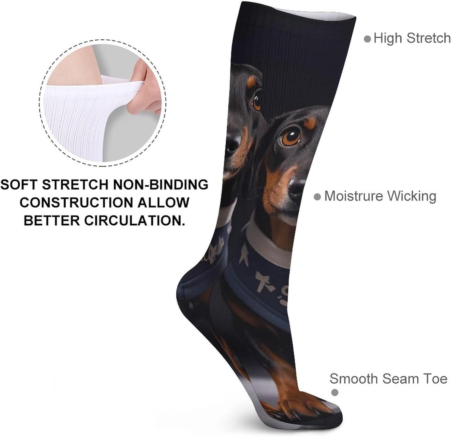 5 Pairs Knee High Socks Dachshund Dog Long Tube Boot Seamless Toe