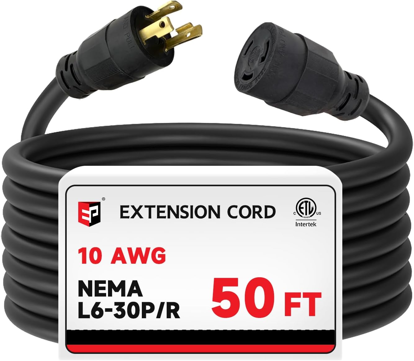 EP 50 Ft 30-Amp Generator Extension Cord, 3-Prong 250V 7500W NEMA L6-30P/R, 10 Gauge SJTW Twist Lock Heavy Duty Power Cord for House, RV Black