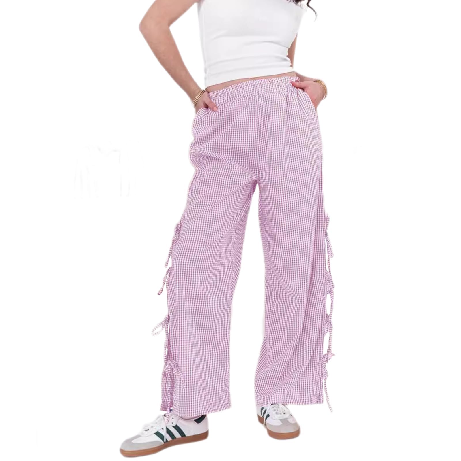 Y2K Gingham Pants for Women Plaid Checkered Elastic Waist Bow Tie Side Slit Wide Leg Pants with Pockets