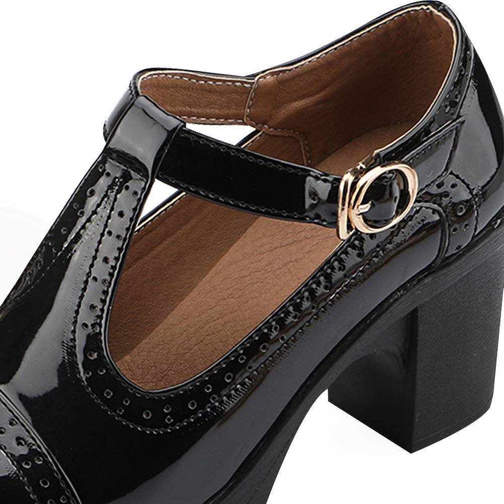 ANUFER Mujer Medio Tacón Grueso Mary Janes Brogue Bombas | Correa en T Ajustable, Cuero Sintético, Uniforme Oficina Zapatos de Vestir