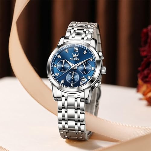 Miniatura 6 de OLEVS Reloj multifuncional de dos tonos para mujer, reloj analógico de cuarzo para mujer, de acero inoxidable, resistente al agua, con diamantes