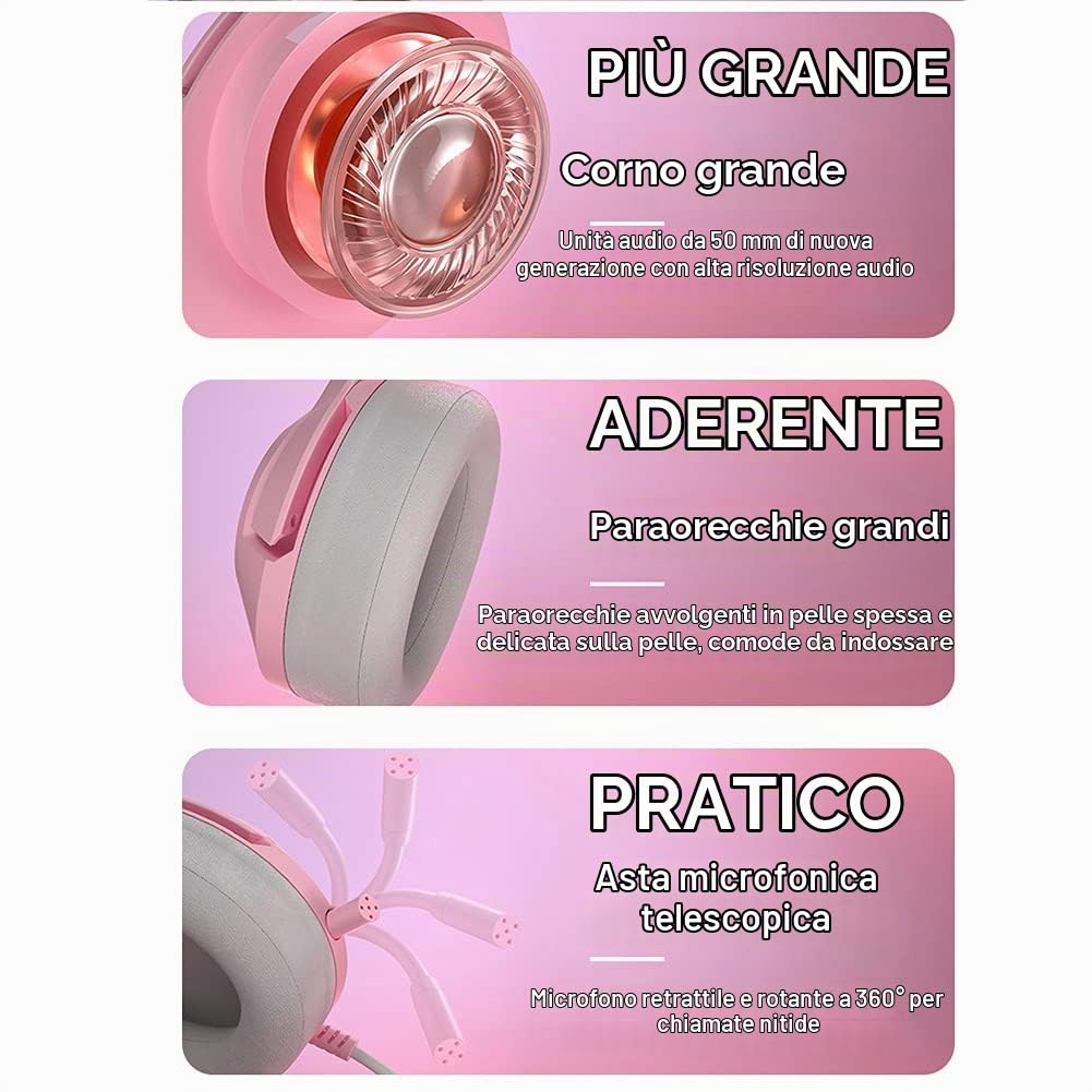 Cuffie Da Gioco Gaming Rosa con Orecchie di Gatto USB Cablate | Auricolari Gaming headset con Microfono, Suono Surround 7.1, Riduzione del Rumore, Luce LED, Cat Ear, Per Adulti Ragazze PC